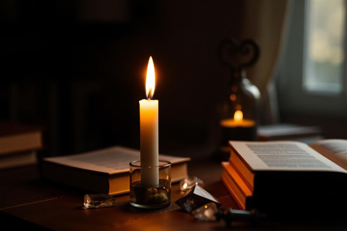 Vela encendida junto a libros para estudio y concentración
